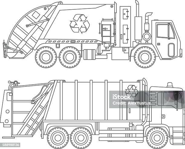 Garbage trucks flat linear icons stock illustration