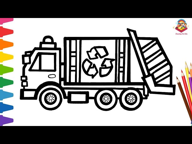 Recycling truck drawing painting and coloring for kids toddlers how to draw truck