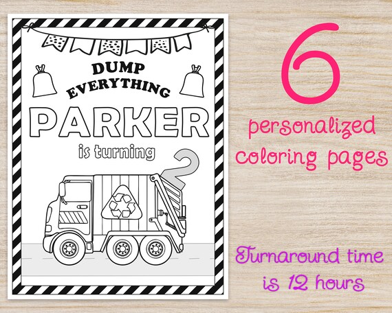 Personalized recycling truck birthday party coloring pages garbage party games favors decorations any age digital