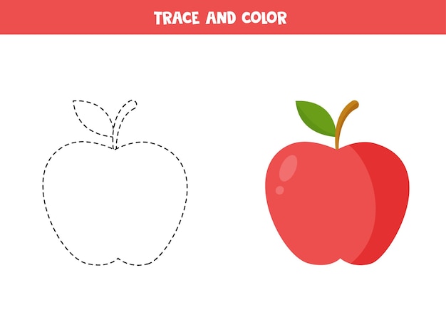 Premium vector trace and color cartoon red apple worksheet for children