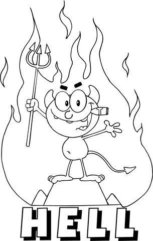 Little red devil holding up a pitchfork and smoking a cigar in front of fire and hell coloring page free printable coloring pages