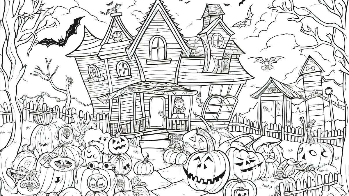 Halloween coloring page with house background happy halloween coloring picture halloween halloween powerpoint background image and wallpaper for free download