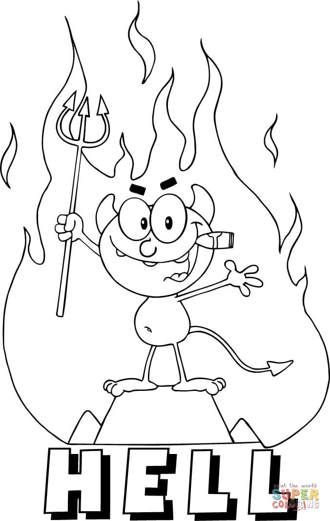 Little red devil holding up a pitchfork and smoking a cigar in front of fire and hell coloring page free printable coloring pages