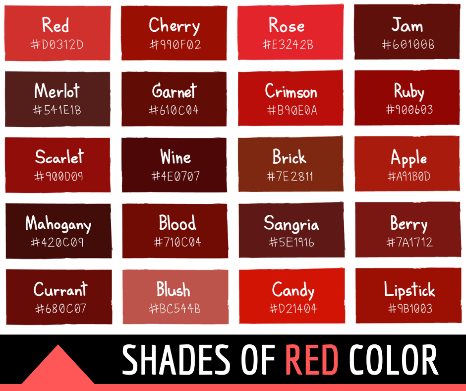 Shades of red color with names hex rgb cmyk codes