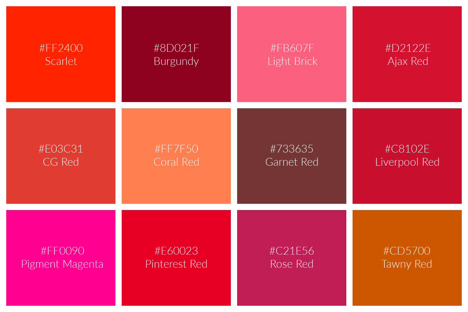 Shades of red names hex rgb cmyk codes