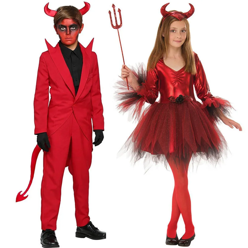 Halloween girl boy red devil splay stume demon fire kid fancy dress outfit