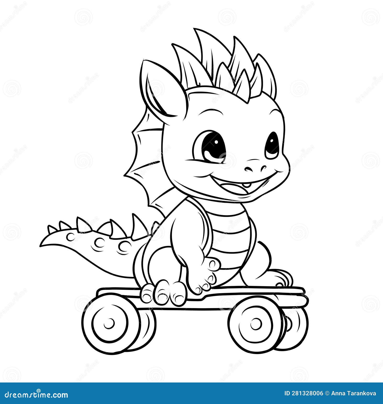 Coloring page dragon on skateboard kid dragon cute funny character linear illustration childrens for coloring stock vector