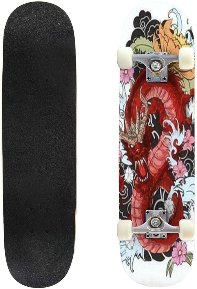 Skateboards hand drawn dragon tattoo coloring book japanese style japanese old maple double kick standard skateboard complete pro outdoor for adult beginners kids teens boys girls gifts x skateboards