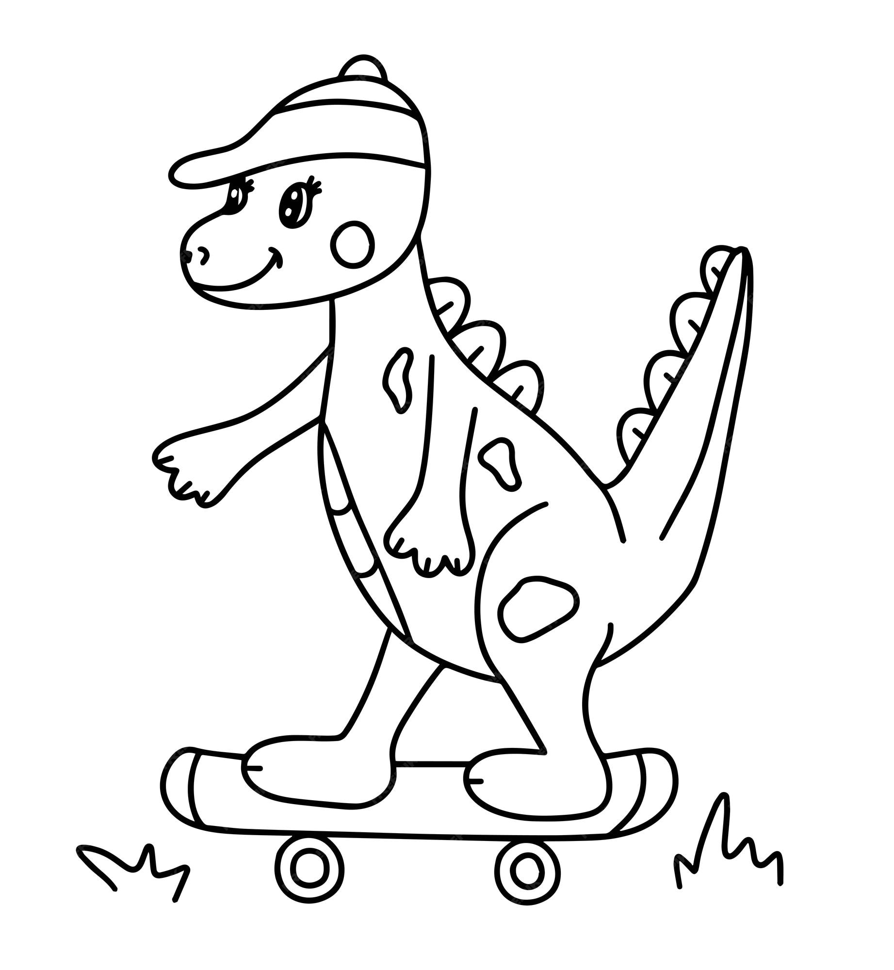 Premium vector coloring book page with dinosaur on skateboard