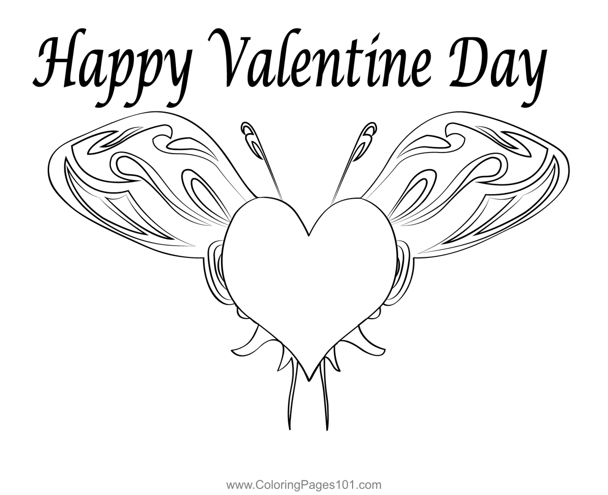 Valentine day red heart butterfly coloring page for kids