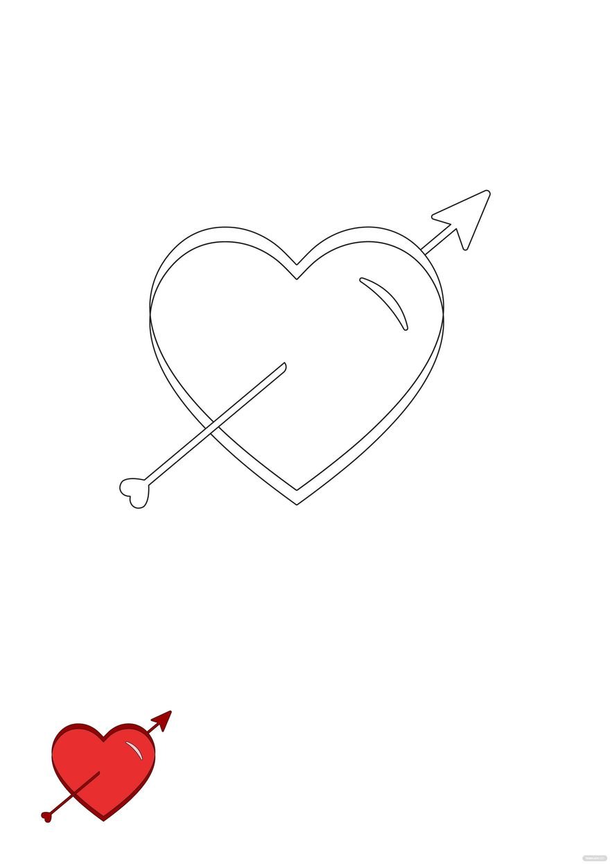 Free red heart with arrow coloring page