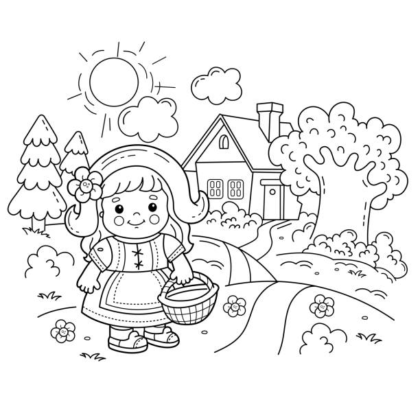 Coloring page outline of cartoon cute girl with basket walking home along the path little red riding hood fairy tale fabulous hero coloring book for kids stock illustration