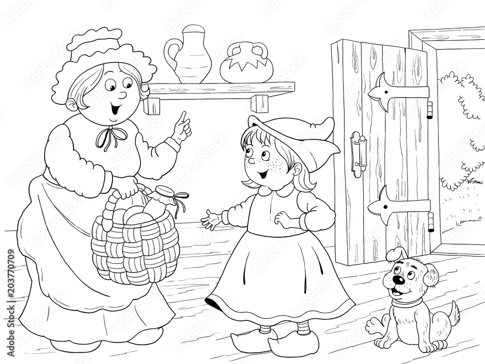 Little red riding hood fairy tale illustration for children coloring page coloring book cute and funny cartoon characters illustration