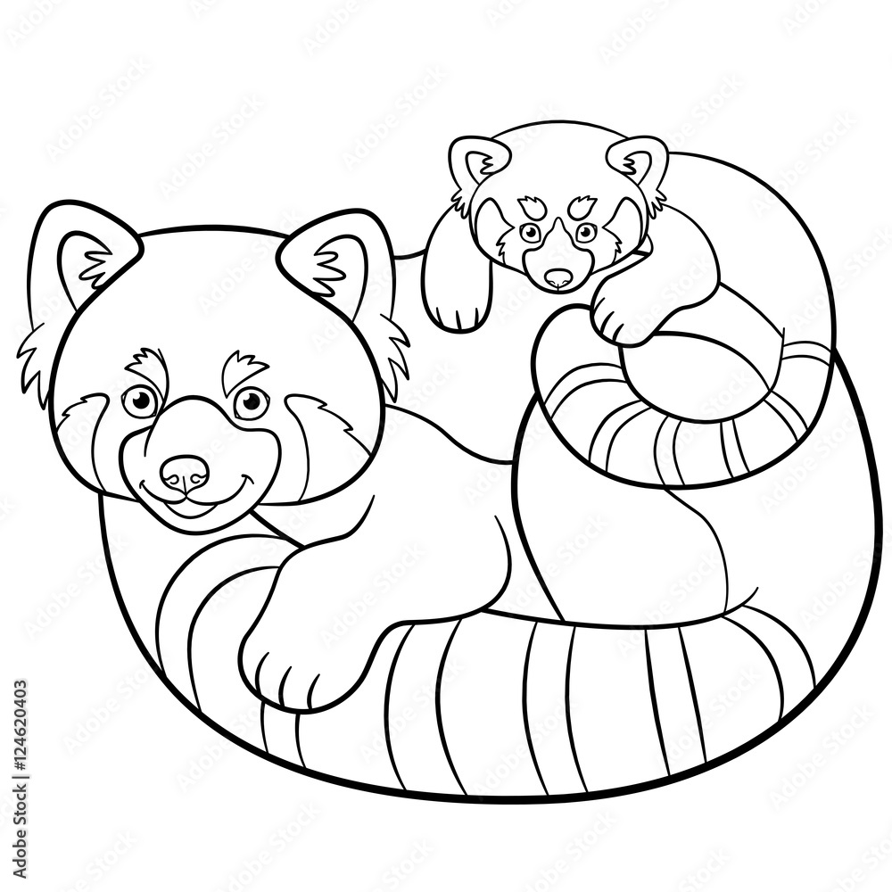 Coloring pages mother red panda with her baby vector