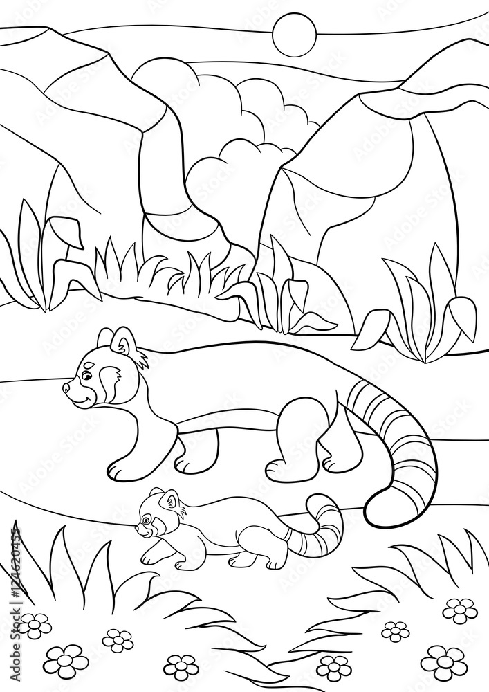 Coloring pages mother red panda walks with her baby vector