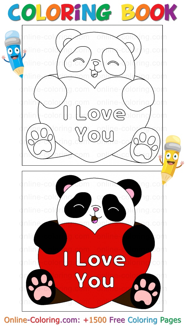 I love you panda with big red heart free online coloring page