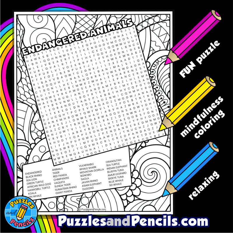 Endangered animals word search puzzle with coloring vulnerable animals wordsearch made by teachers