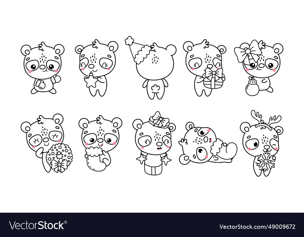 Set of kawaii christmas panda coloring page vector image