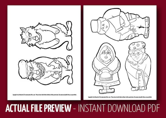 Kids activitiews and crafts little red riding hood puppets coloring pages printable paper toys kids literacy activity book craft instant download