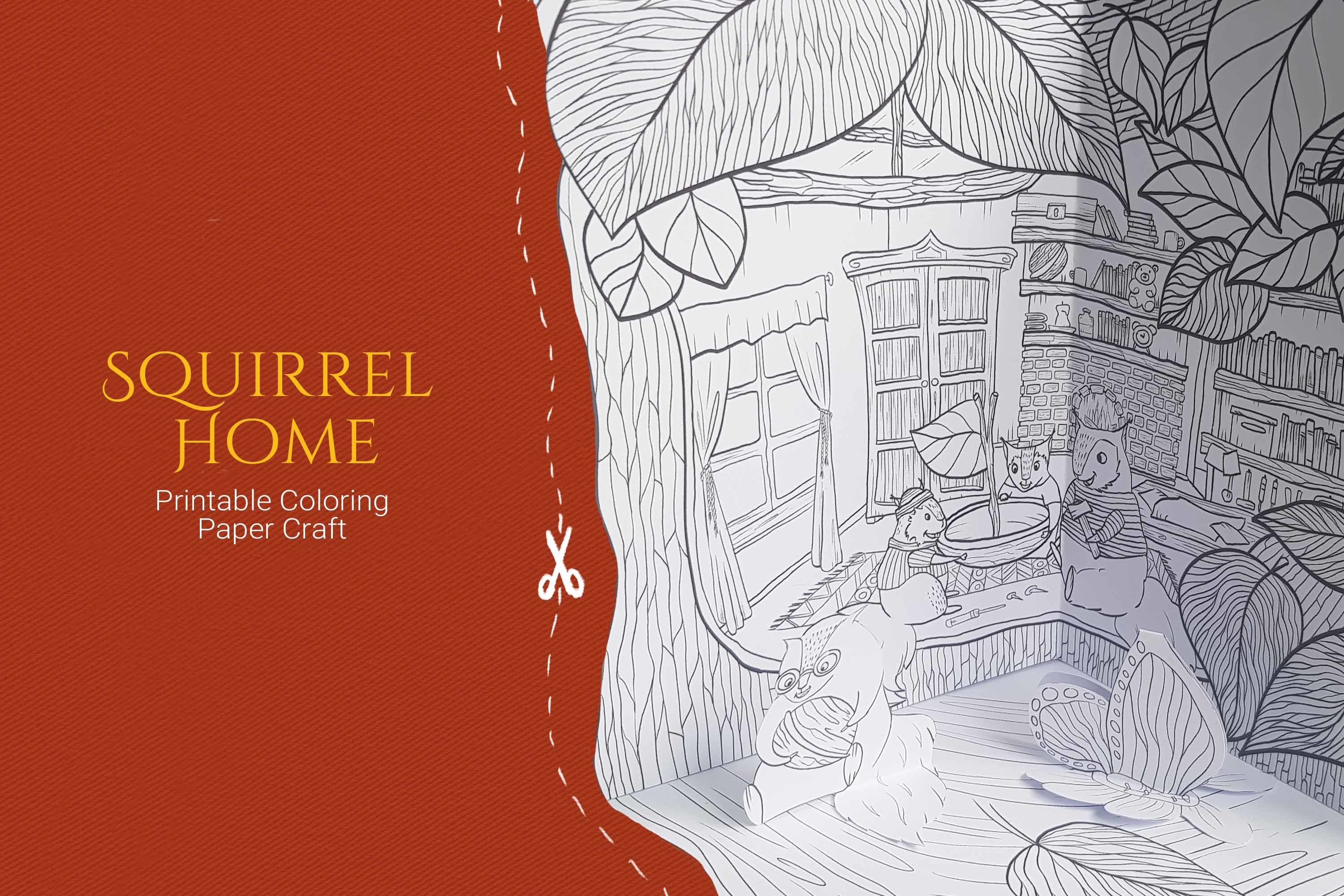 Squirrel house coloring page and d paper craft