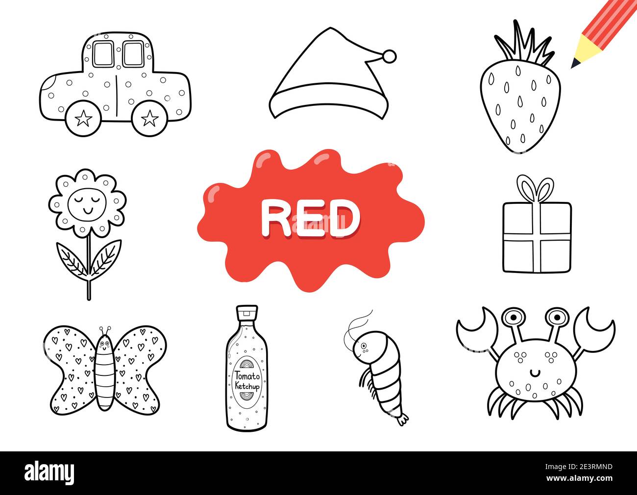 Color the elements in red coloring page for kids educational material for school stock vector image art