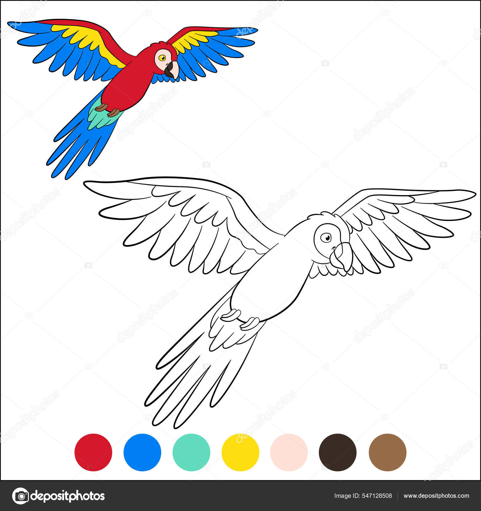 Coloring page birds cute happy parrot red macaw flies smiles stock vector by ya