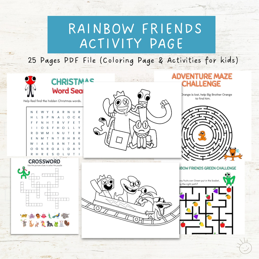 Rainbow friends coloring page and activities pages pdf file ready to print for personal use