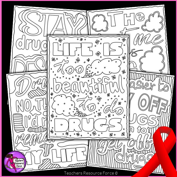 Red ribbon quote coloring pages and posters for drug awareness week