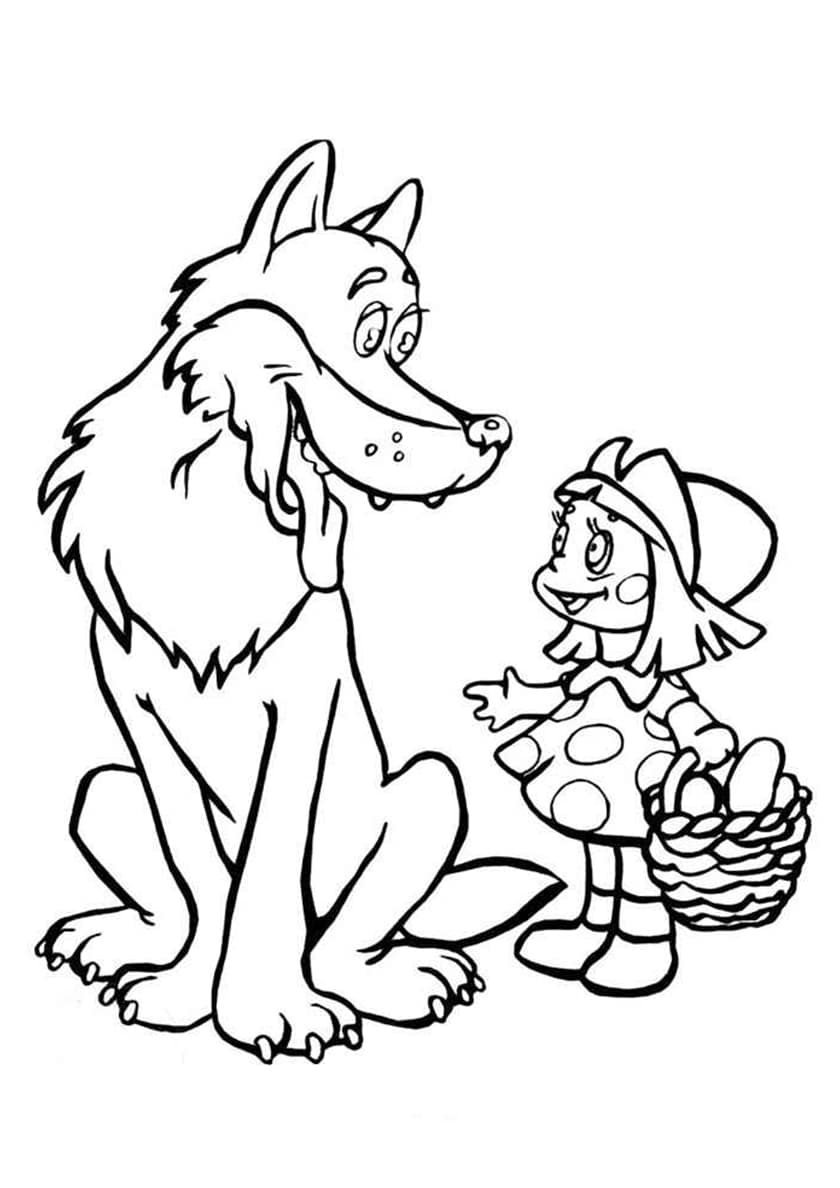 Drawing of a wolf with a little red riding hood girl coloring page