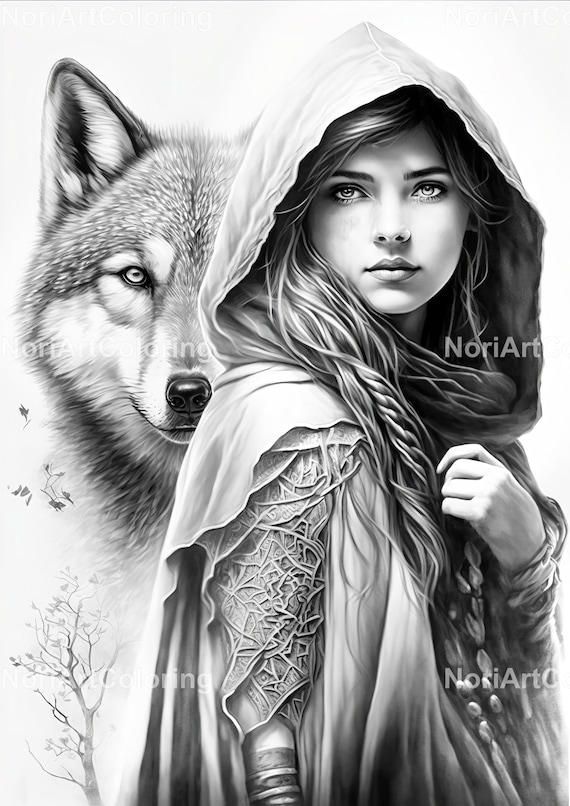 Red riding hood and wolf coloring page fairytale coloring pages printable adult coloring pages download grayscale illustration download now