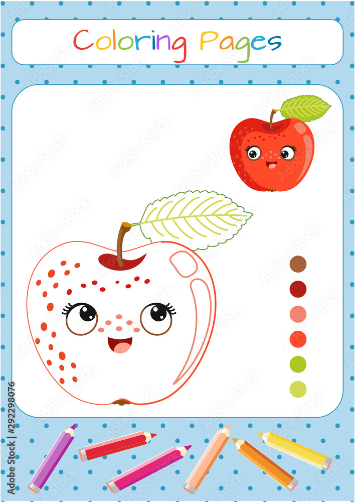 Funny red apple with kawaii face coloring sticker postcard scrapbooking products for children vector