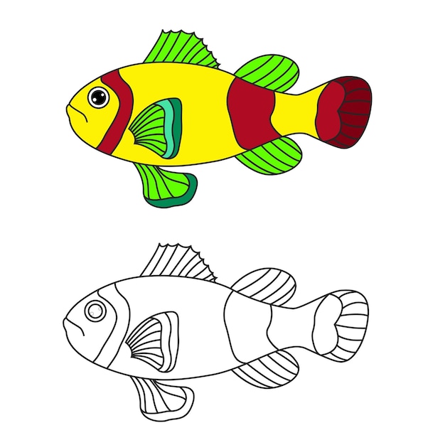 Premium vector fish coloring pages for kids with reference colored example