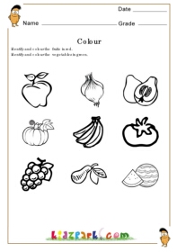 Color the fruits with red and vegetables with greenactivity sheets for kidsteachers printables