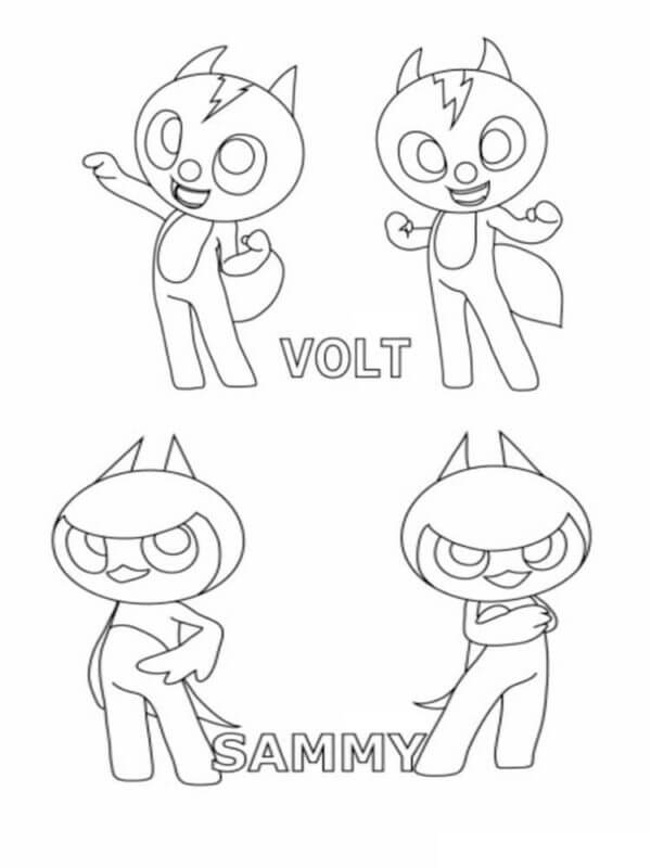 Blue fluffy volt and red sammy coloring page