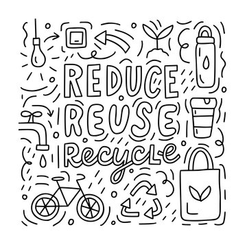 Reduce reuse recycle doodle concept black and white vector illustration for postcards prints or for coloring book eco lifestyle vector