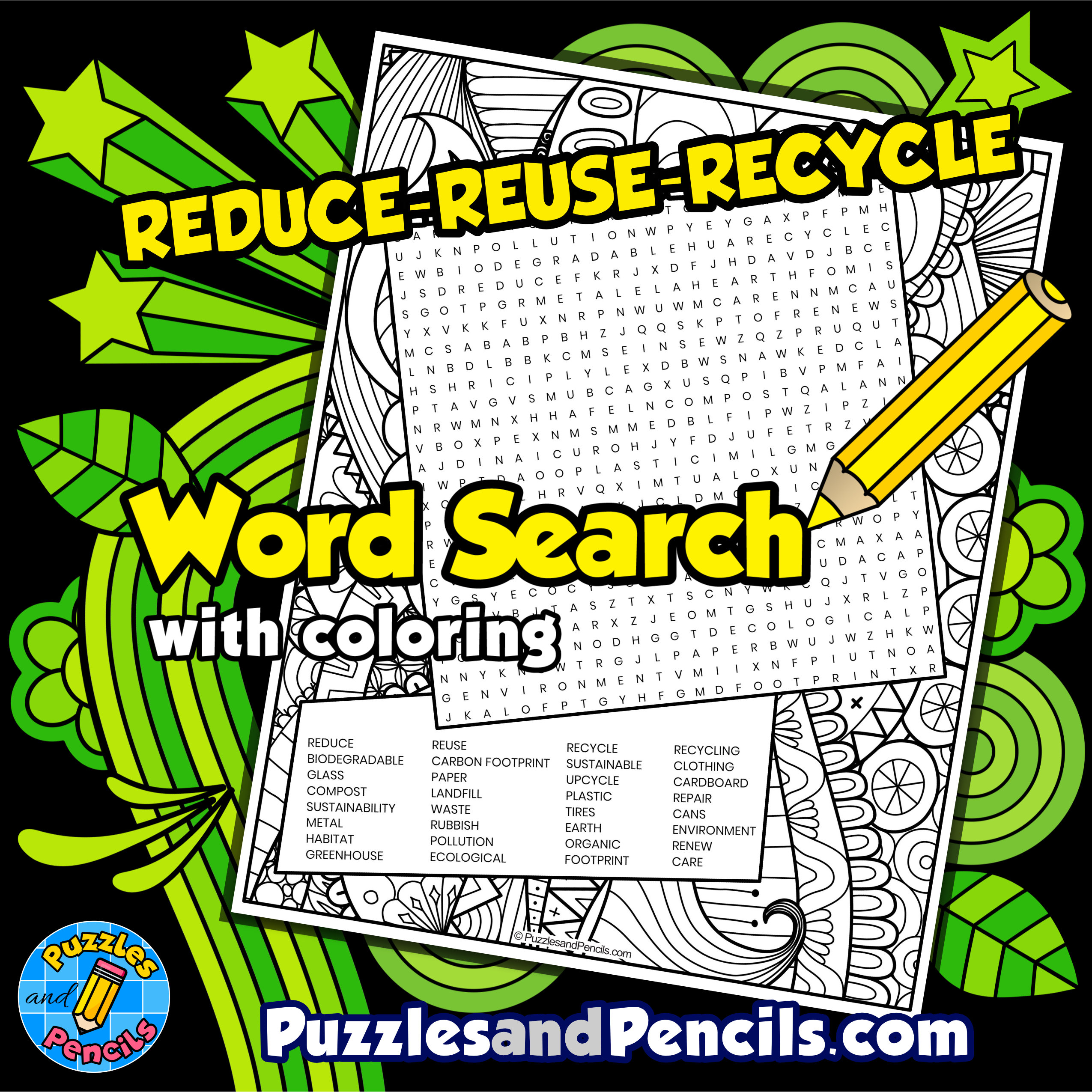 Reduce reuse recycle word search puzzle activity page with coloring national recycling day made by teachers