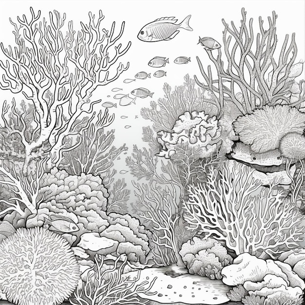 Premium ai image coloring pages of coral reefs and fish generative ai