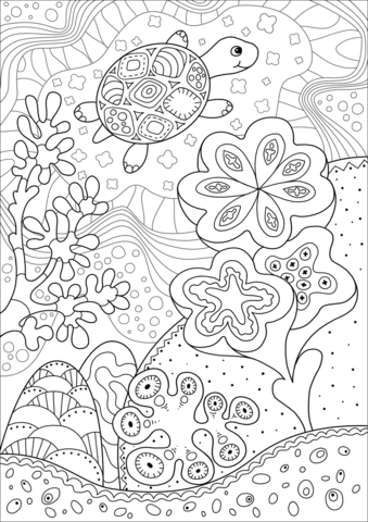 Cute sea turtle in coral reef coloring page free printable coloring pages