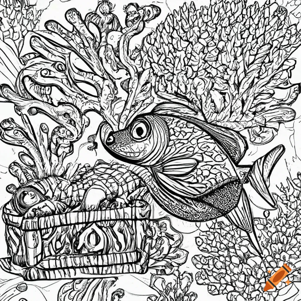 Detailed black and white coloring book page of a cartoon fish swimming in a coral reef with a treasure chest on