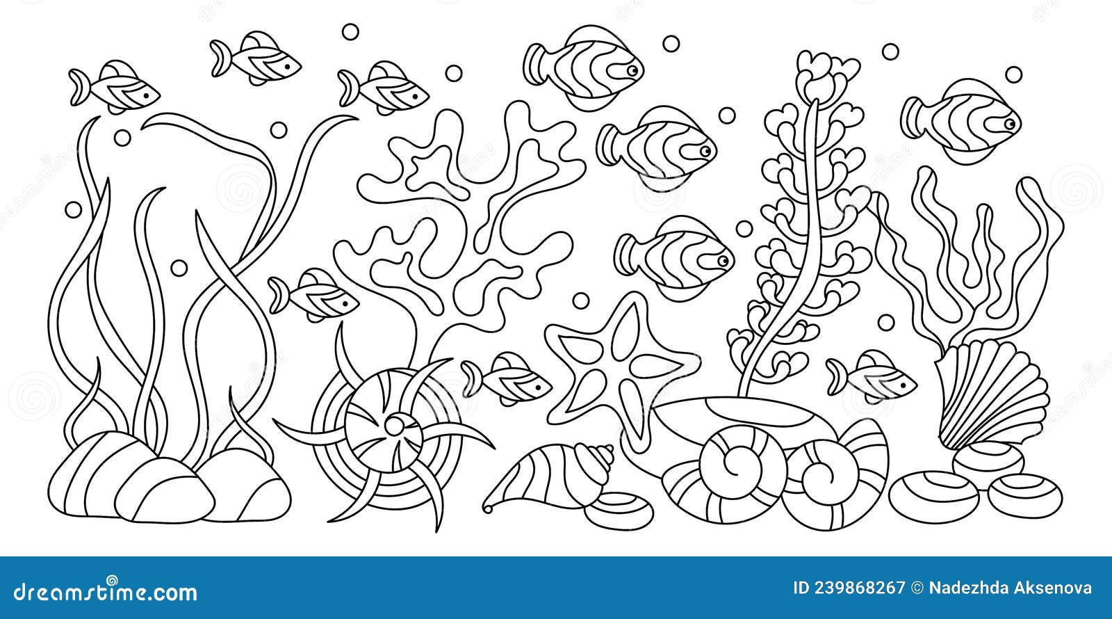 Underwater world coloring pages algae fish shells stock vector