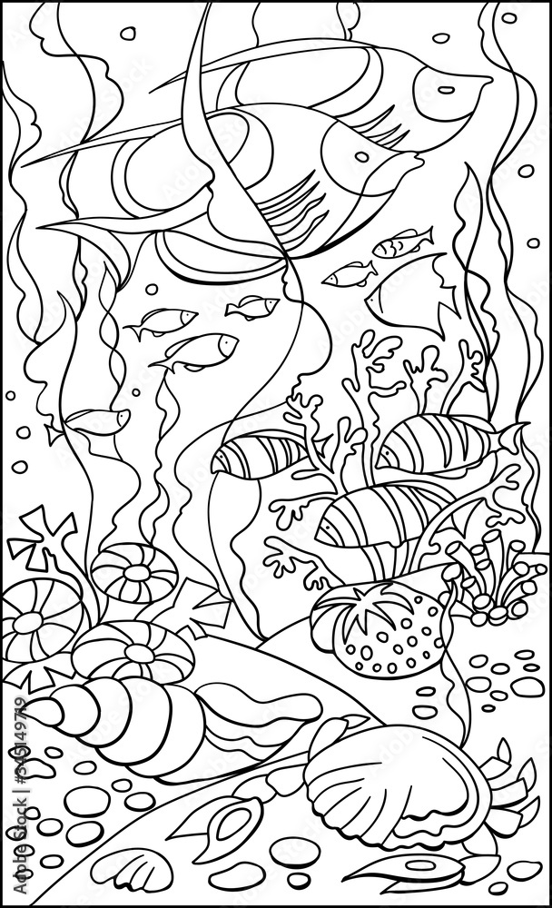 Coloring page coral reef colouring picture with tropical fishes drawn in doodle lines style antistress freehand sketch drawing vector illustration coloring book eps vector