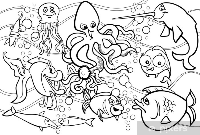 Sticker sea life animals group coloring page