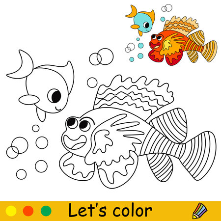 Cute and happy happy fish friends in a bubbles vector cartoon black and white illustrationkids coloring page with color sample for print design poster sticker card decoration t shirt design