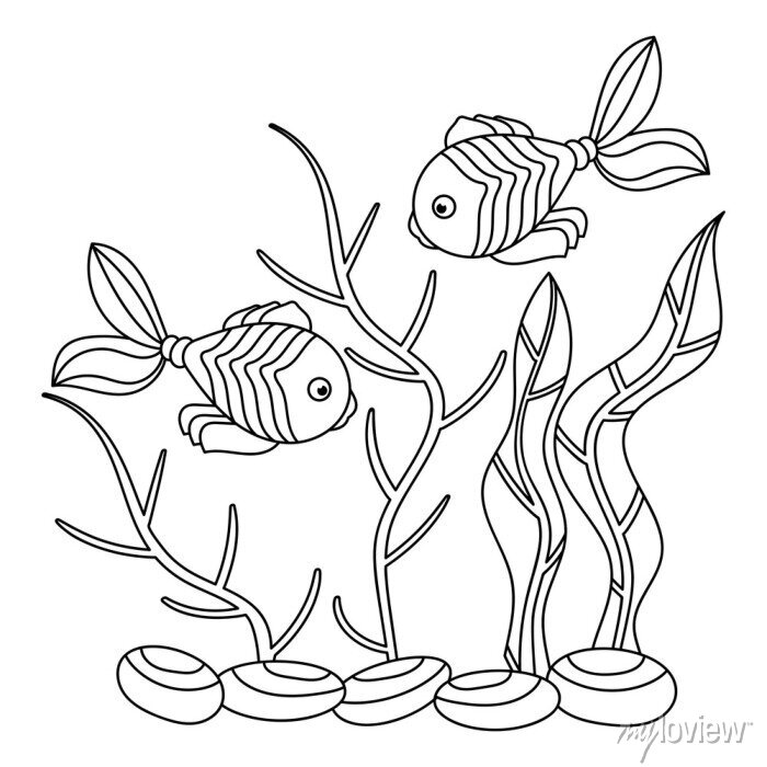 Algae and fish coloring pages for kids doodles underwater world â wall stickers cartoon children drawn