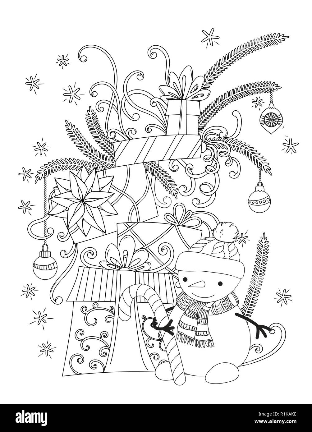 Pãgina para colorear de navidad para niãos y adultos lindo muãeco de nieve con bufanda tejida y cap montãn de regalos de vacacion ilustraciãn vectorial dibujada a mano imagen vector de stock