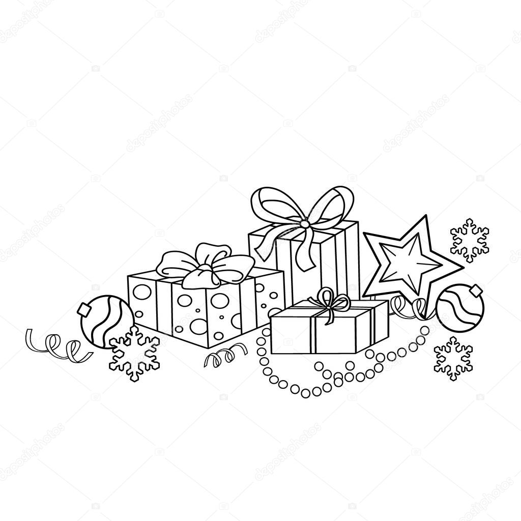 Pãgina para colorear esquema de dibujos animados adornos y regalos de navidad navidad aão nuevo libro para colorear para niãos vector de stock de oleon