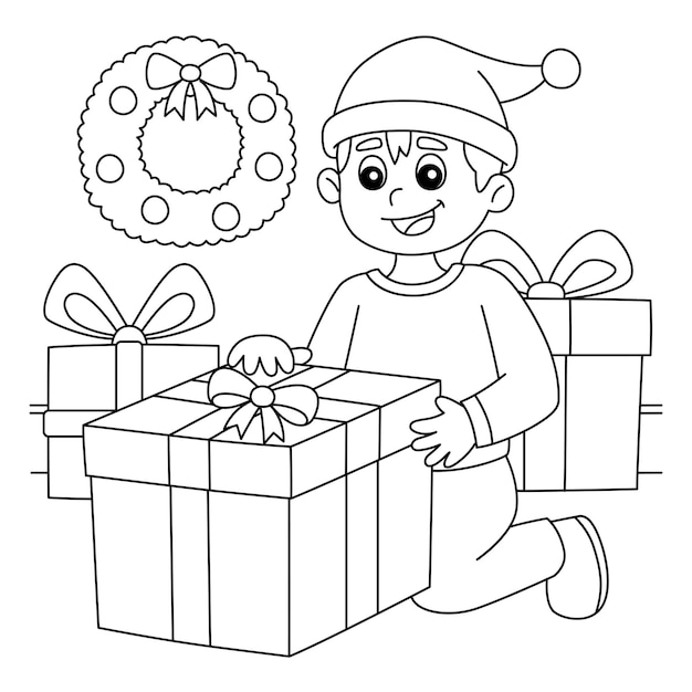 Premium vector christmas boy opening gift coloring page for kids