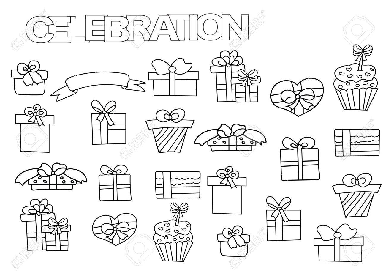 Hand drawn gift boxes set coloring book page template with presents outline doodle vector illustration stock photo picture and royalty free image image