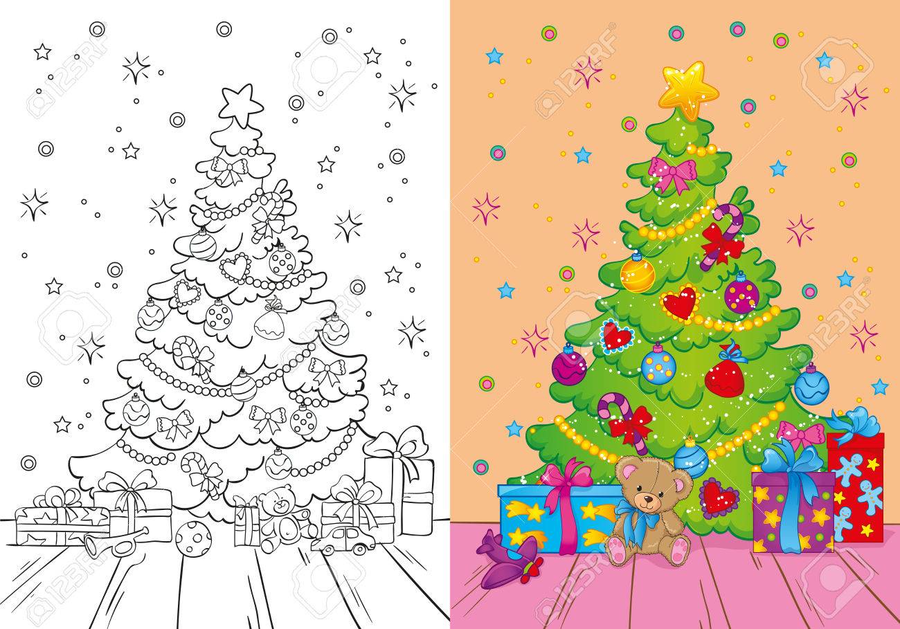 Vector illustration of christmas tree and different gifts for coloring page for kids royalty free svg cliparts vectors and stock illustration image