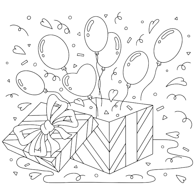 Premium vector gift box with balloons coloring book page for kids